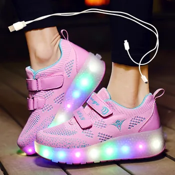Carregamento USB Crianças Roller Skate Sapatos Casuais Meninos Menina Automática Jazzy Iluminado LED Piscando Crianças Brilhante Tênis com Rodas