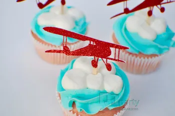 Cartoon avião, helicóptero Cupcake Toppers, Avião, vintage, vermelho, azul, personalizado, ar avião crianças da festa de aniversário de suprimentos