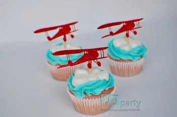 Cartoon avião, helicóptero Cupcake Toppers, Avião, vintage, vermelho, azul, personalizado, ar avião crianças da festa de aniversário de suprimentos