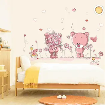 Cartoon urso rosa flor de vidro adesivos de parede para quartos dos miúdos sofá de casa, decoração de parede de pvc adesivos de decoração de casamento diy arte mural