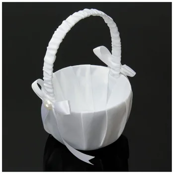 Casamento cesta de flores cestas de noiva Branco de Cetim Bowknot PÉROLA da Menina de Flor Cesta Recipiente de Cerimônia de Casamento de Terceiros
