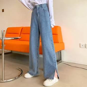 Cintura alta Casual calças de Brim das Mulheres do Denim, Calças de 2021 Spirng Outono Fêmea Solta Grande Perna de Calça de Comprimento Total Jeans Trouses Plus Tamanho 4XL