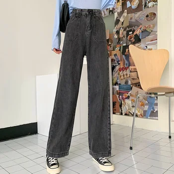 Cintura alta Casual calças de Brim das Mulheres do Denim, Calças de 2021 Spirng Outono Fêmea Solta Grande Perna de Calça de Comprimento Total Jeans Trouses Plus Tamanho 4XL