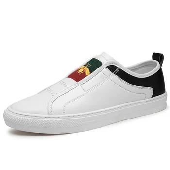 Clássico branco casual sapatos de desporto para homens,Novos pequena abelha bordados feitos de microfibra respirável; Homens televisão sapatos de desporto