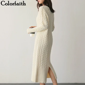 Colorfaith Novo 2019 Outono Inverno Mulheres Vestidos em linha Reta Tricô Moda Prairie Chique, Elegante, Casual Midi Feminino DR6960