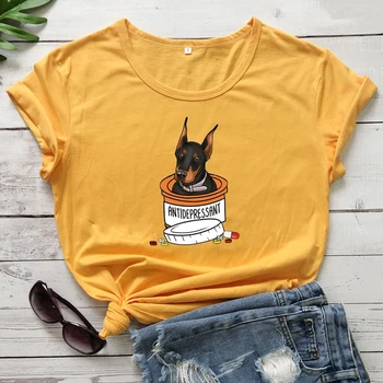 Colorido Antidepressivo Doberman T-shirt Engraçada Cão Mama Dom Tshirt Mulheres de Verão de Manga Curta Gráfico Hippie TeeS TopS