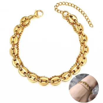Com duas Camadas do Bracelete Chain para as Mulheres de Ouro de Aço Inoxidável Grãos de Café Vínculo de Caixa Elegante, Chique no Pulso de Jóias Ajustável DB310