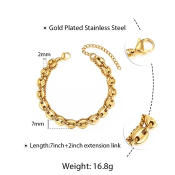 Com duas Camadas do Bracelete Chain para as Mulheres de Ouro de Aço Inoxidável Grãos de Café Vínculo de Caixa Elegante, Chique no Pulso de Jóias Ajustável DB310