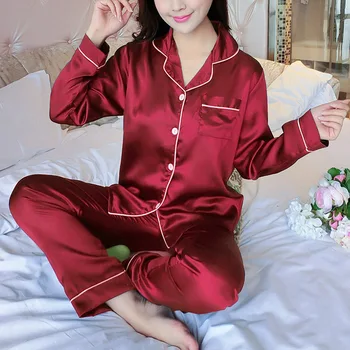 Conjunto pijama mulheres de dormir de pijama conjunto das mulheres da forma do sólido de cor lapela de Manga Longa Blusa Calça Conjunto de Pijamas longo manga do pijama