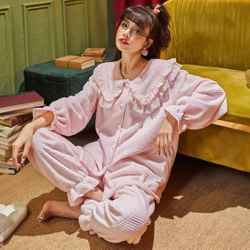 Cor-De-Rosa Kawaii Pijama Conjunto Plus Size Bonito Lingere Mulheres Inverno De Flanela De Lã Pijama Pijamas Grosso Warm Coral De Veludo Casa Roupas