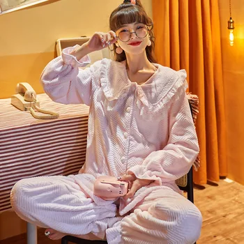 Cor-De-Rosa Kawaii Pijama Conjunto Plus Size Bonito Lingere Mulheres Inverno De Flanela De Lã Pijama Pijamas Grosso Warm Coral De Veludo Casa Roupas
