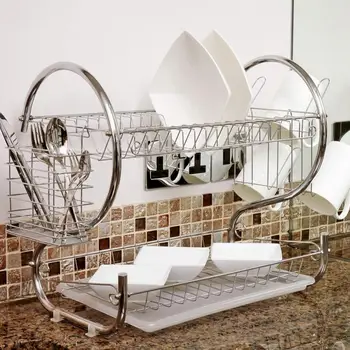 Cozinha prato rack 2-camada de cesta galvanizada doméstico de lavagem de grande pia de cozinha prato de drenagem rack de secagem organizador