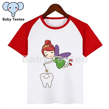 Crianças dos desenhos animados do Dente Saudável T-Shirt Meninas Meninos de Fadas de Manga Curta T-shirt Dentista Tshirt de Crianças Dentes de Cima Tees