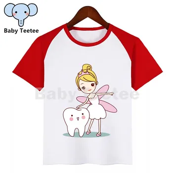 Crianças dos desenhos animados do Dente Saudável T-Shirt Meninas Meninos de Fadas de Manga Curta T-shirt Dentista Tshirt de Crianças Dentes de Cima Tees