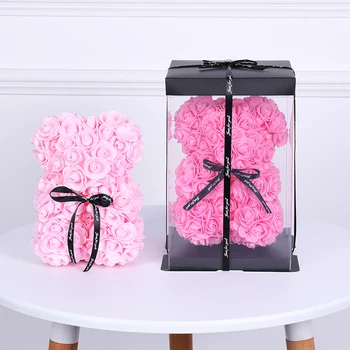 DIY 25cm de Pelúcia Rosa Urso Com Caixa Artificial PE Flor Urso Rosa de Dia dos Namorados Para a Namorada Mulher Esposa, Mãe de Presentes do Dia
