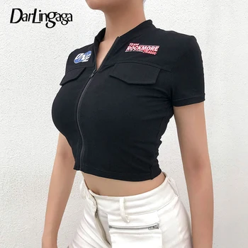 Darlingaga Algodão Streetwear Bodycon de Carga T-Shirt das Mulheres Zíper Letra Imprimir a Safra do Verão Top Tee Harajuku T-shirts Falsos Bolsos
