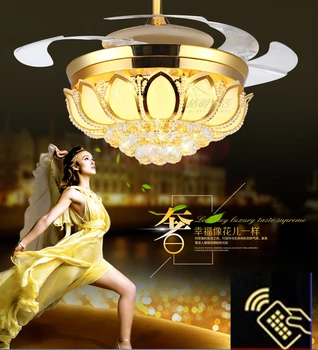De 42 polegadas de ouro lotus Moderno ventilador de teto de cristal luz de luxo dobrável ventilador de teto, Sala de Jantar Lâmpada com ventilador com controle remoto