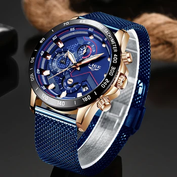 De 7 Dias a Entrega Rápida LIGE Mens Relógios de Moda Azul de Malha de Aço Quartzo Relógio Homens de Negócios de Luxo Impermeável Cronógrafo 2020 Novo