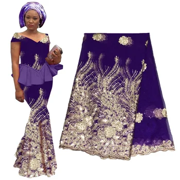 De Alta Qualidade, O Azul Royal Do Ouro Africana Renda De Lantejoulas 2019 Francês Tecido De Renda Para Festa De Casamento Bordado Africana Tecido De Renda