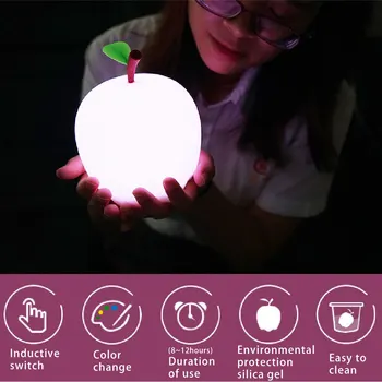 De Forma maçã 7 Cores LED do Sensor de Toque de Silicone Noite de Luz Crianças do Bebê Quarto de Trabalho de Decoração de Ornamentos Bateria/Carga USB