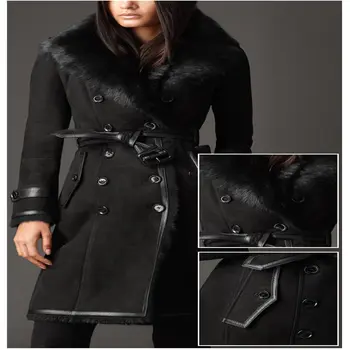 De Inverno, as Mulheres Fur Real Casaco Longo de Faixas de Lã Dupla face Casaco de Pele Vintage Sexy Quente Slim Cinto de Outerwear Cacaso K04