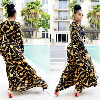 Design Sexy corrente de ouro de impressão femme vestidos das mulheres vestido de verão riche túnica africana roupa maxi vestido longo