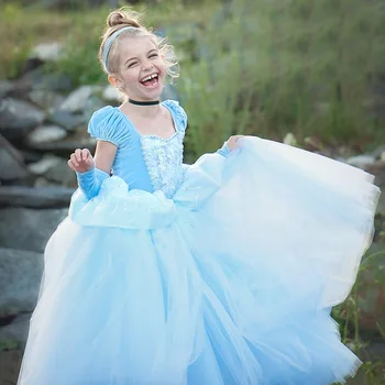 Disney Cinderella Princess Dress Crianças Vestidos para as Meninas de Natal Vestido de Festa a Fantasia Bola Vestido da Menina Vestido de Verão de Malha