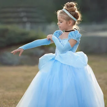 Disney Cinderella Princess Dress Crianças Vestidos para as Meninas de Natal Vestido de Festa a Fantasia Bola Vestido da Menina Vestido de Verão de Malha