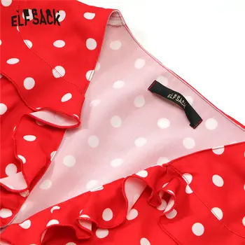 ELFSACK Vermelho de Bolinhas de Uma Linha Casual Babados, Vestidos de Mulheres 2020 ELF Verão Vintage de Manga Curta com cinto Feminino coreano Vestido de Férias