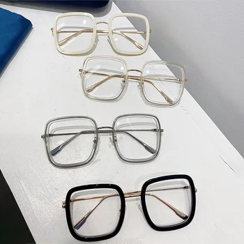 ENTÃO,&EI Moda Oversized Quadrado Óculos de Armação de Mulheres do Vintage Anti-Blu-Ray Limpar Lente de Óculos Ópticos Homens Bege Óculos de Armação