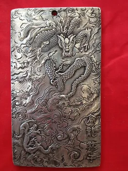 Elaborar velho Chinês tibetano prata dragão estátua auspicioso amuleto placa