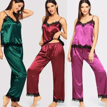 Elegante Venda Quente Mulheres de Seda Satin Lace Pijamas Define Funda V-pescoço Tops sem Mangas e de Alta cintura Solta Calças de Pijamas Conjuntos