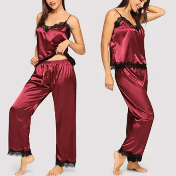Elegante Venda Quente Mulheres de Seda Satin Lace Pijamas Define Funda V-pescoço Tops sem Mangas e de Alta cintura Solta Calças de Pijamas Conjuntos