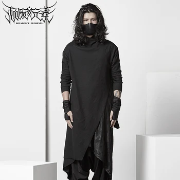 Escuro assimétrica de alta neck T-shirt Japonês estilo da moda dos homens de personalidade assentamento camisa slim preto
