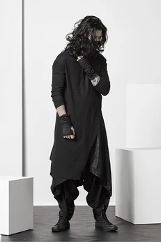 Escuro assimétrica de alta neck T-shirt Japonês estilo da moda dos homens de personalidade assentamento camisa slim preto
