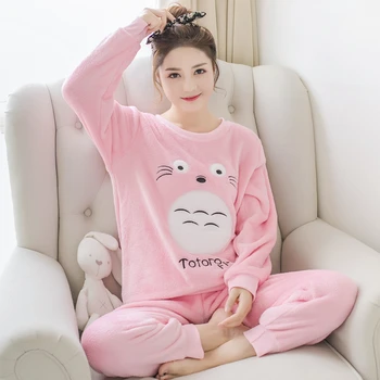 Espessura Quente Pijama de Flanela Conjuntos para as Mulheres 2020 Inverno de Manga Longa Coral de Veludo Meninas de Pijama Bonito dos desenhos animados Totoro Roupa de Homewear