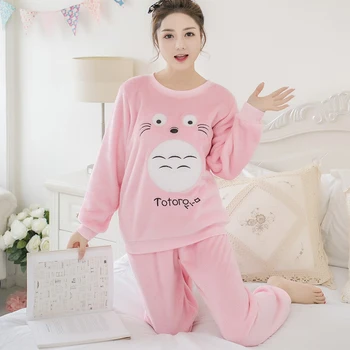 Espessura Quente Pijama de Flanela Conjuntos para as Mulheres 2020 Inverno de Manga Longa Coral de Veludo Meninas de Pijama Bonito dos desenhos animados Totoro Roupa de Homewear