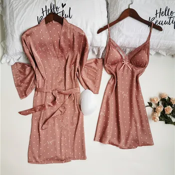 Estampa de bolinhas Manto de Conjunto de Mulheres de Cetim 2PCS Pijamas de Seda Nighty&Manto Definido Feminino Causal Quimono Vestido Solto Roupão Vestido