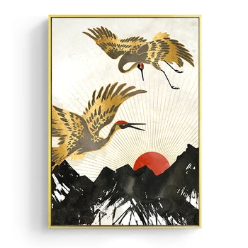 Estilo japonês Resumo Paisagem de Montanha, do Nascer do sol Guindaste Polvo Tela de Pintura de Cartazes e Impressões de Arte de Parede Foto de Decoração de Casa