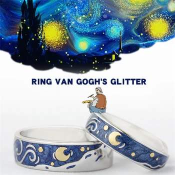 Evitar Alergia Lua De Noite Estrelada De Van Gogh Dois Anéis De Arte, Jóia De Real Par De Anéis Para As Mulheres, O Homem Amantes Do Melhor Presente