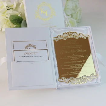 Exemplo Personalizadas de Ouro Gravadas acrílico convite de Casamento cartões com ouro frustrado caixas brancas