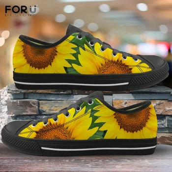 FORUDESIGNS Bela Flor Amarela Girassol Padrão Casual Sapatos de Lona de Flats Tênis Calçados femininos Primavera/Outono Rendas Até Sapatos