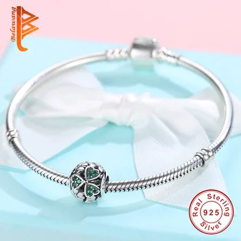 Fashion Green charme Crystal Clover Bead 925 Prata Charms Fit Original Pandora Bracelet Prata 925 DIY Women Jóia
