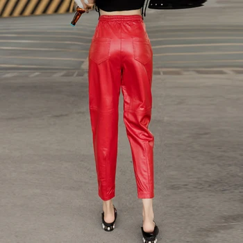 Feminino Real Lápis Calças Vermelhas Casual Outono de pele de Carneiro Genuína Calças de Couro Mulheres 2020 Novo Plus Tamanho 4XL Streetwear