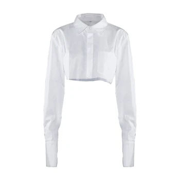 Flare Manga Senhora Do Escritório Blusa Branca Curta Camisa Virada Para Baixo De Gola Sexy Crop Top Camisa Feminina Streetwear Mulheres Superior 2020 Outono