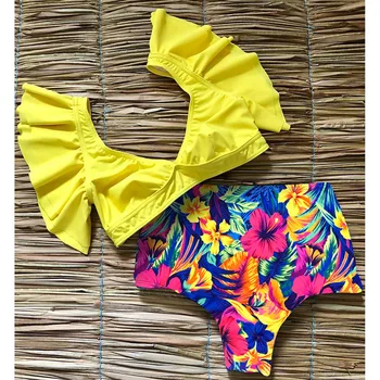 Floral, Babados Bainha de Biquini Mulheres Flora decote em V cintura Alta de Duas peças Swimsuit 2021 Garota de Praia, roupa de Banho moda praia Biquinis