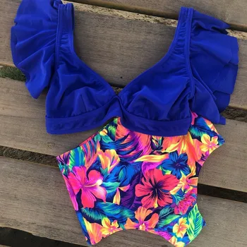 Floral, Babados Bainha de Biquini Mulheres Flora decote em V cintura Alta de Duas peças Swimsuit 2021 Garota de Praia, roupa de Banho moda praia Biquinis