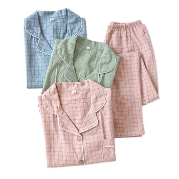 Fresco xadrez algodão pijama conjuntos mulheres pijamas Coreia do outono de manga longa de qualidade Lavado algodão pijamas mulheres sleepwear