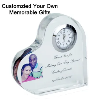 Frete grátis 1 pc de corte excelente coração de cristal de relógio personalizado gravura para Impressão de Fotos do Aniversário de casamento, a Favor de presentes