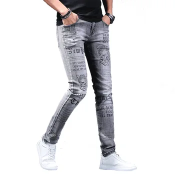 Frete grátis Novos homens do sexo masculino calças jeans marca Europeia homens verão a impressão de personalidade fashion slim trecho calças calças